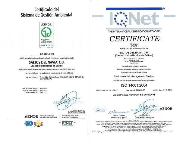 LA CENTRAL HIDROELÉCTRICA DE SALIME RENUEVA SU CERTIFICACIÓN UNE EN ISO 14001:2004